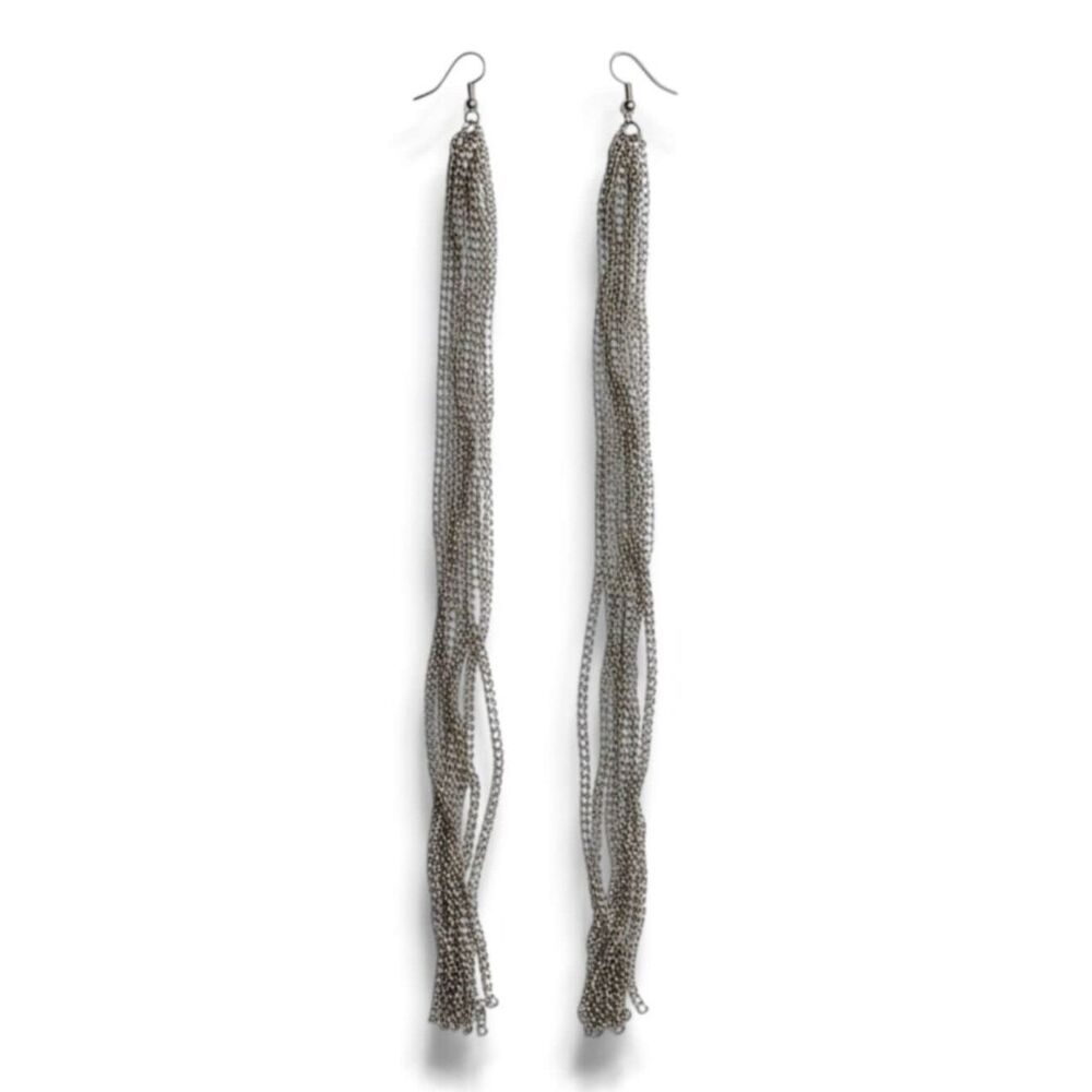 Ultra Long Silver Tassel Earrings Curb Chain Statement Dangles NWT